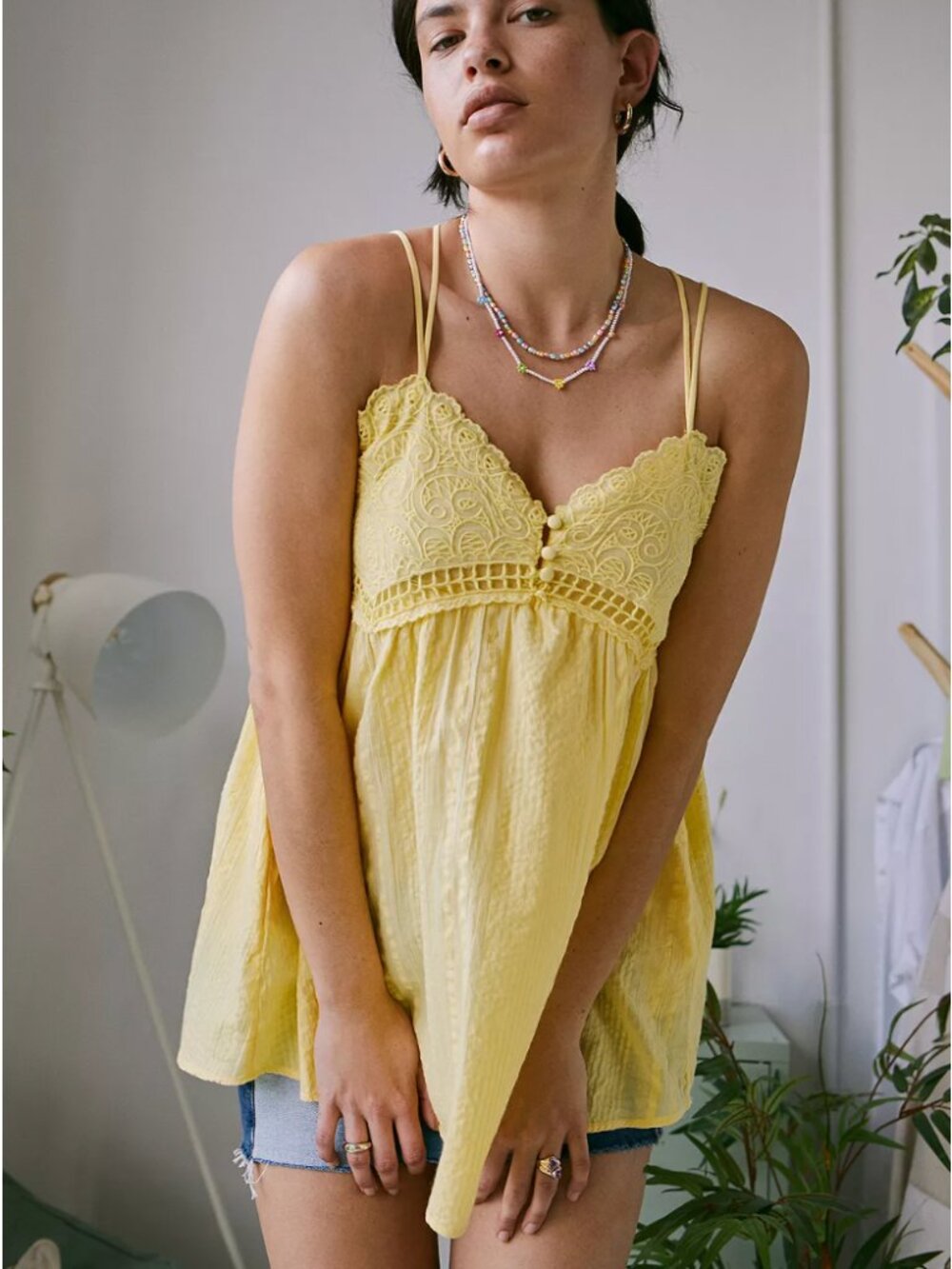 URBAN OUTFITTERS Anya Yellow Babydoll Lace Cami Tank Top sz L